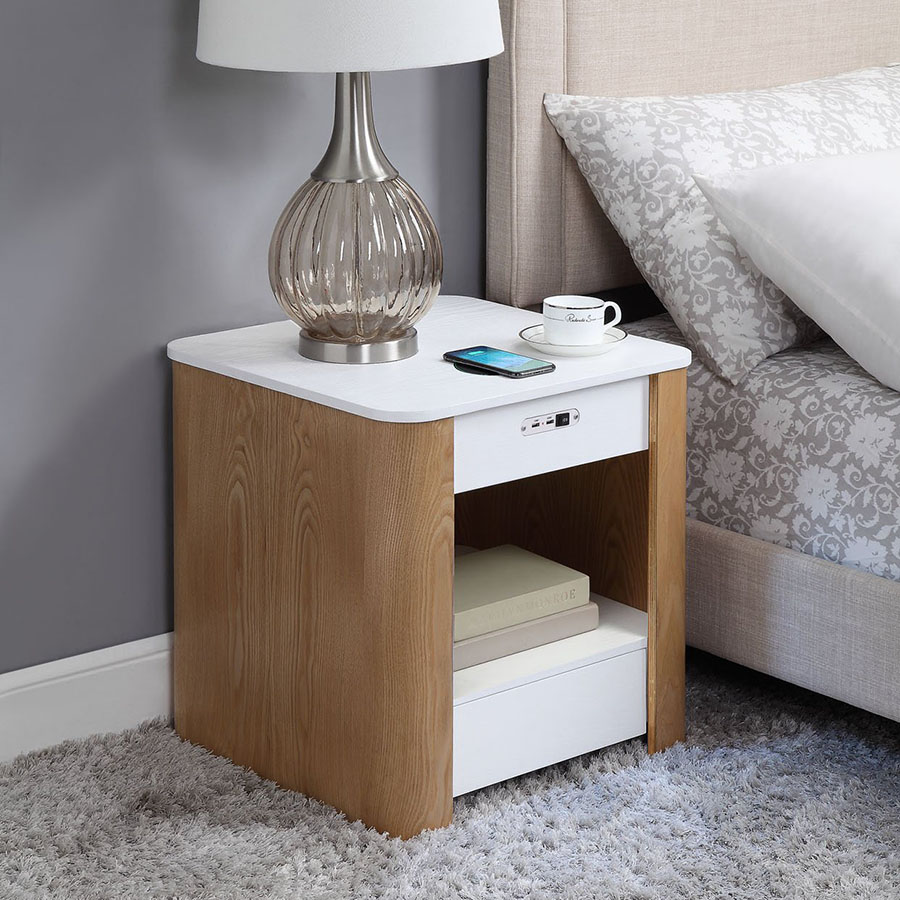 San Francisco Ash Wood & White Gloss Smart Bedside Table With SPEAKERS, Wireless Charger & Light