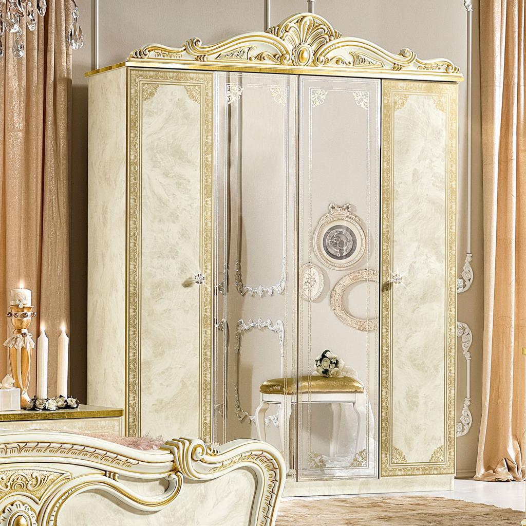Varazze Ivory High Gloss & Gold Leaf 4dr Mirrored Wardrobe