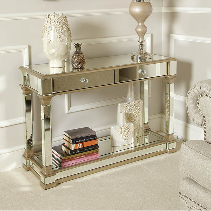 Andreas Champagne Gold Trim Mirrored 2 Drawer Console Table