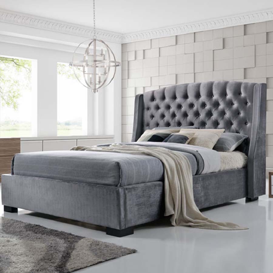 Brando 4ft6 Double Grey Upholstered Buttoned Winged Bed