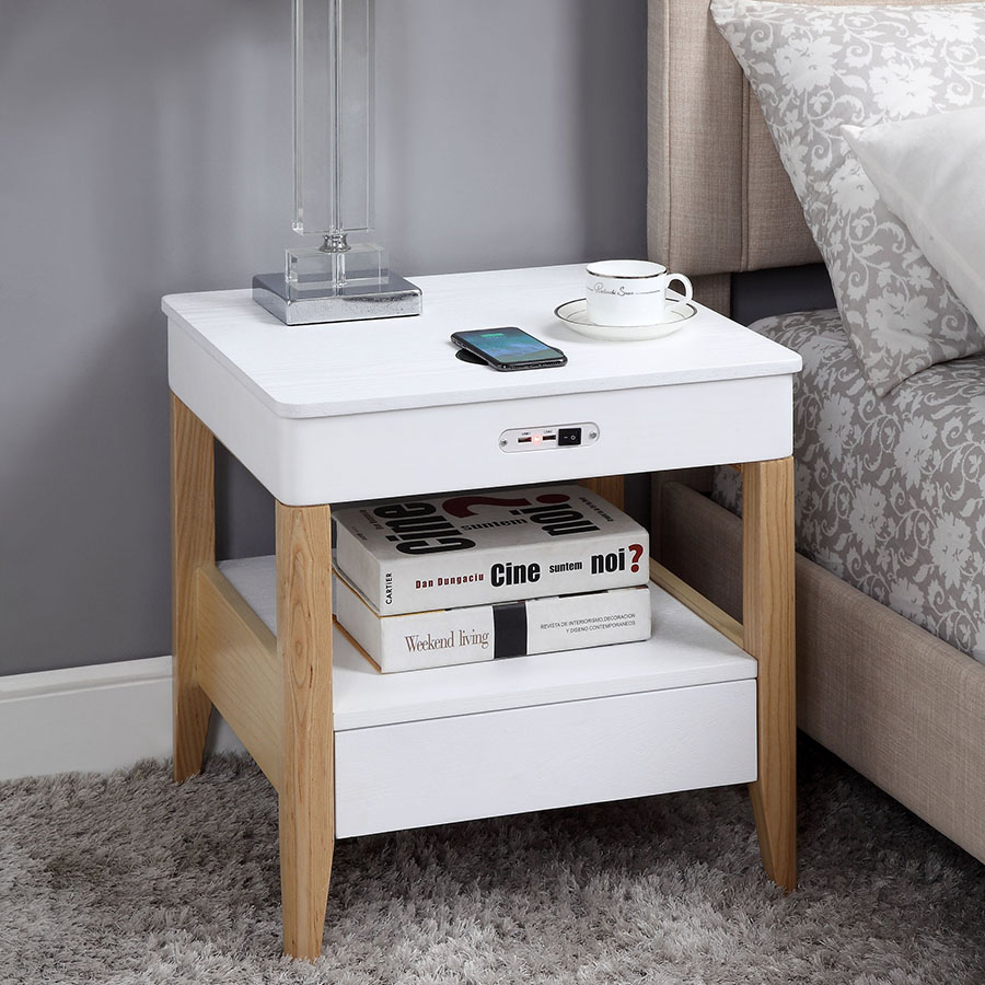 San Francisco Ash Wood Smart Bedside Table With SPEAKERS & Wireless Charger