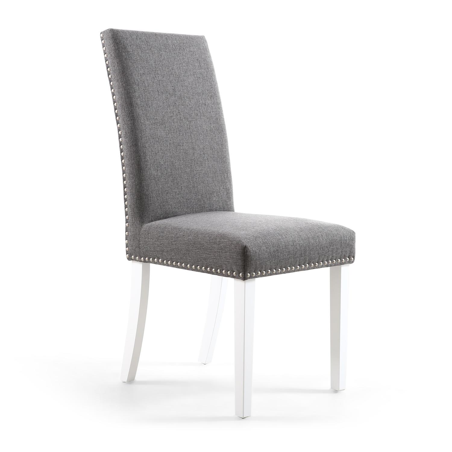 Reed Steel Grey Linen Studded Dining Chair (White Legs)