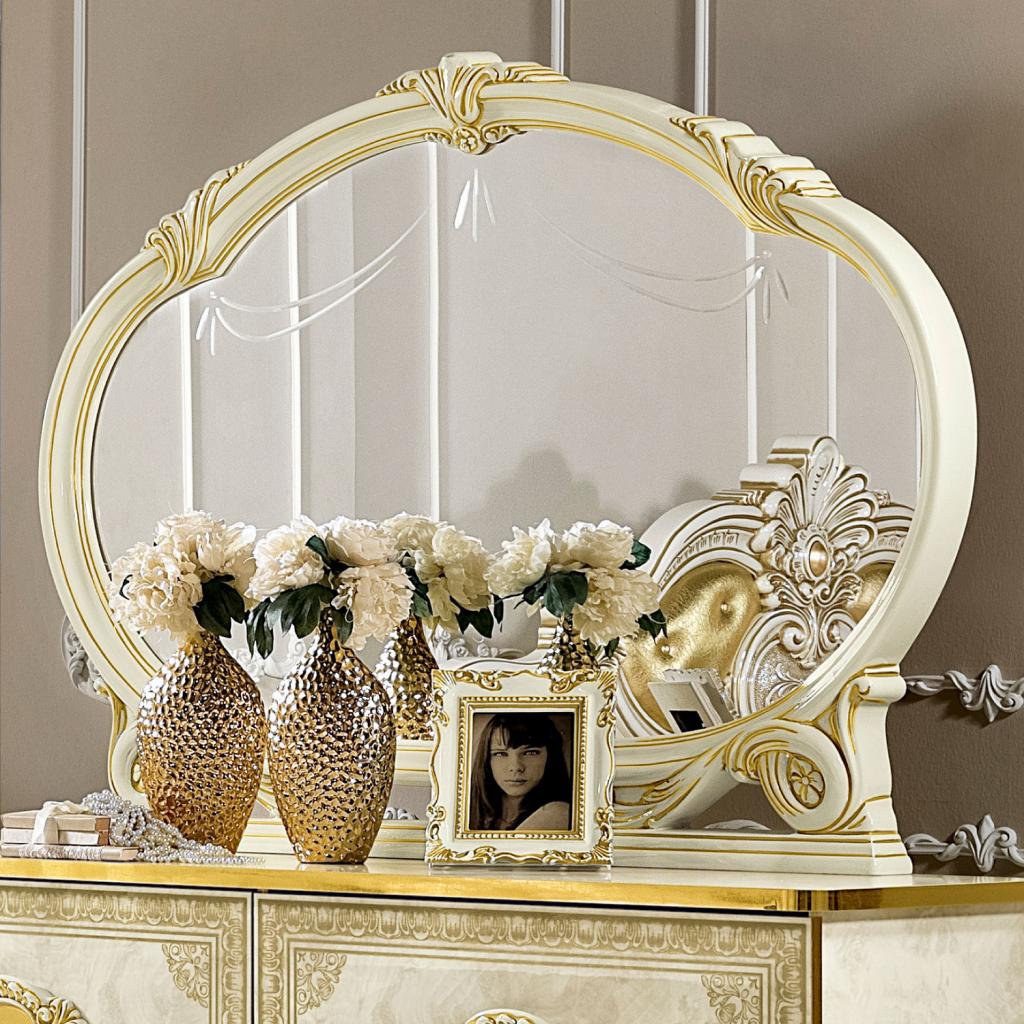 Varazze Ivory High Gloss & Gold Leaf Large Ornate Oval Mantle Mirror
