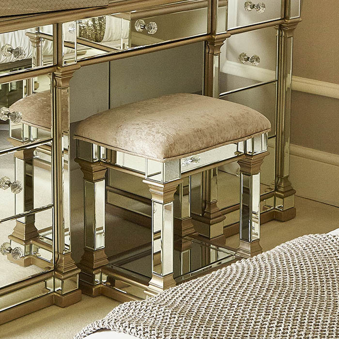 Andreas Champagne Gold Trim Mirrored Dressing Table Stool