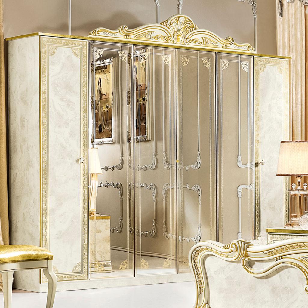 Varazze Ivory High Gloss & Gold Leaf 6dr Mirrored Wardrobe