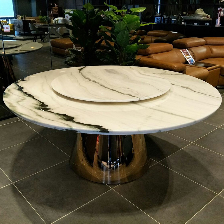 Panda White Marble 1.5m Lazy Susan Dining Table - Solomon Gold Base