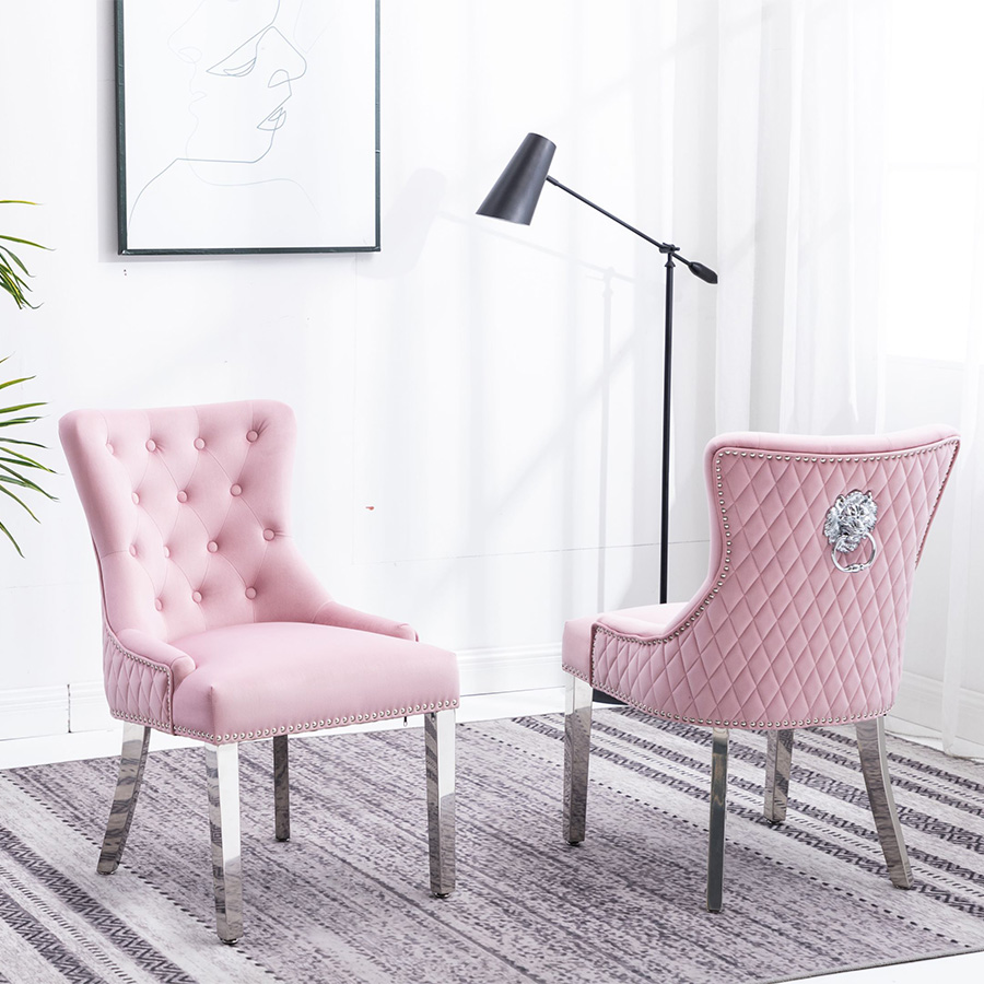 Windsor Pink Quilted Velvet Wing Back Lion Head Knocker Dining Chair