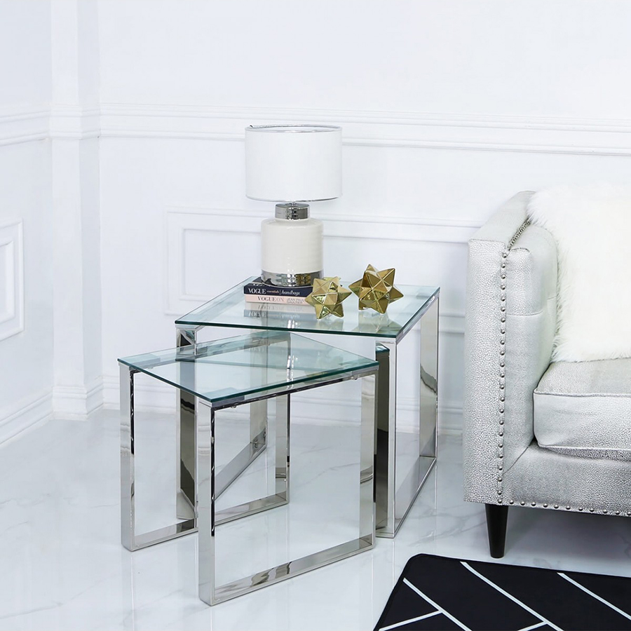 Harley Glass & Silver Trim Twin Nest of Tables