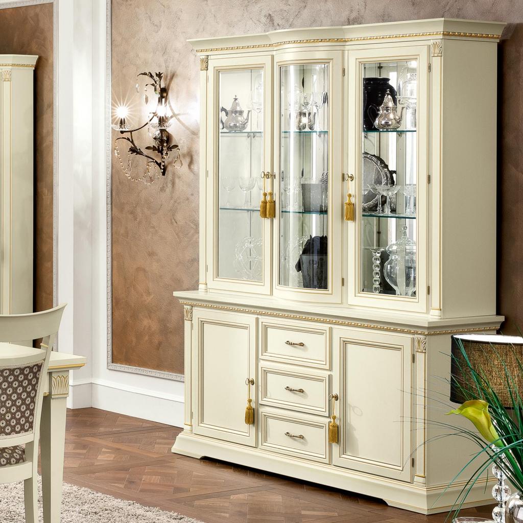 Treviso Ornate Ivory Ash Wood 2 Door 3 Drawer Sideboard & Display Cabinet